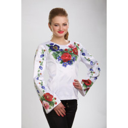 Пошита жіночої блузка-вишиванка Мальви, троянди, братки для вишивки бісером і нитками (БЖ035кБ4616)
