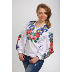 Пошита жіночої блузка-вишиванка Троянди, братки, мальви для вишивки бісером і нитками (БЖ056кБ4405)